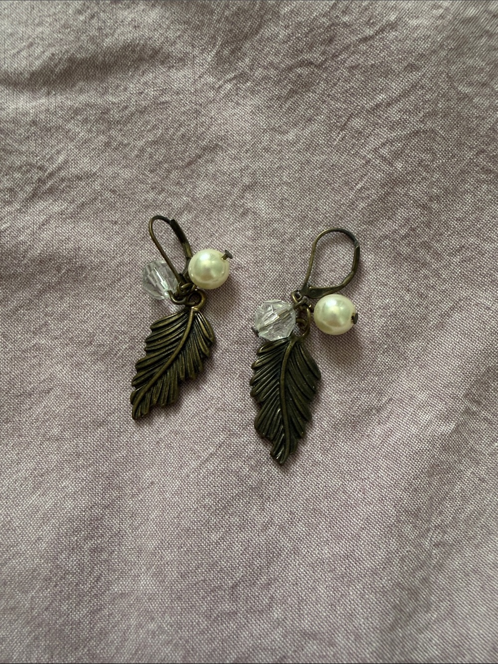Vintage-Inspired Pearl & Leaf Drop Earrings - Bronze Tone